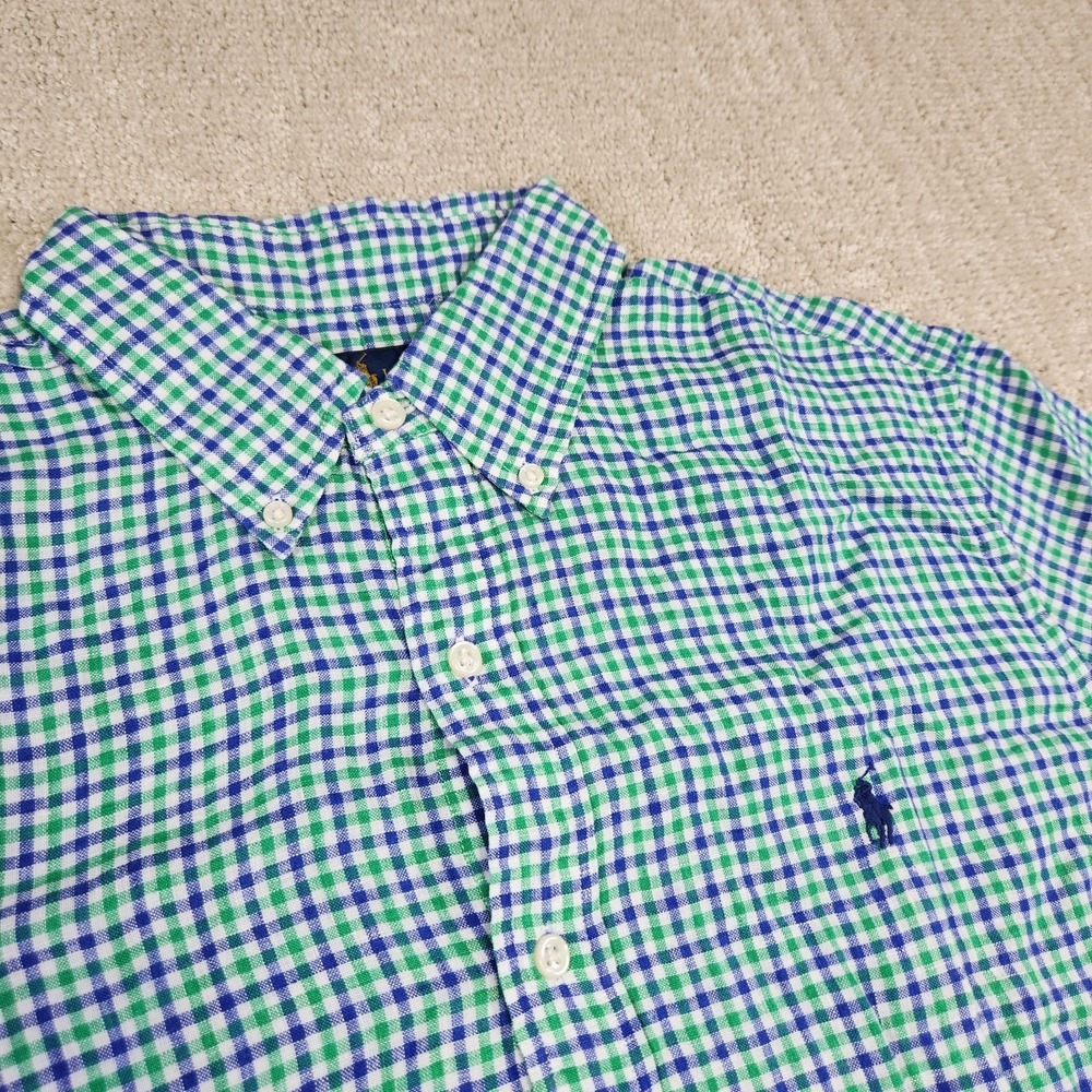 Polo Ralph Lauren Shirt Men Large 100% Linen Check Plaid‎ Button Down Green Blue